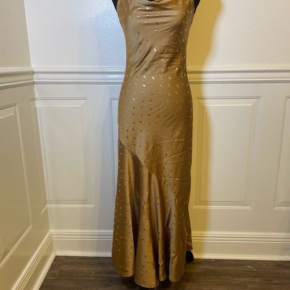 NWT Bonheur D’Amour Cowl Neck Mermaid Slip Dress Maxi Bias Cut Sz S Gold - Picture 4 of 13